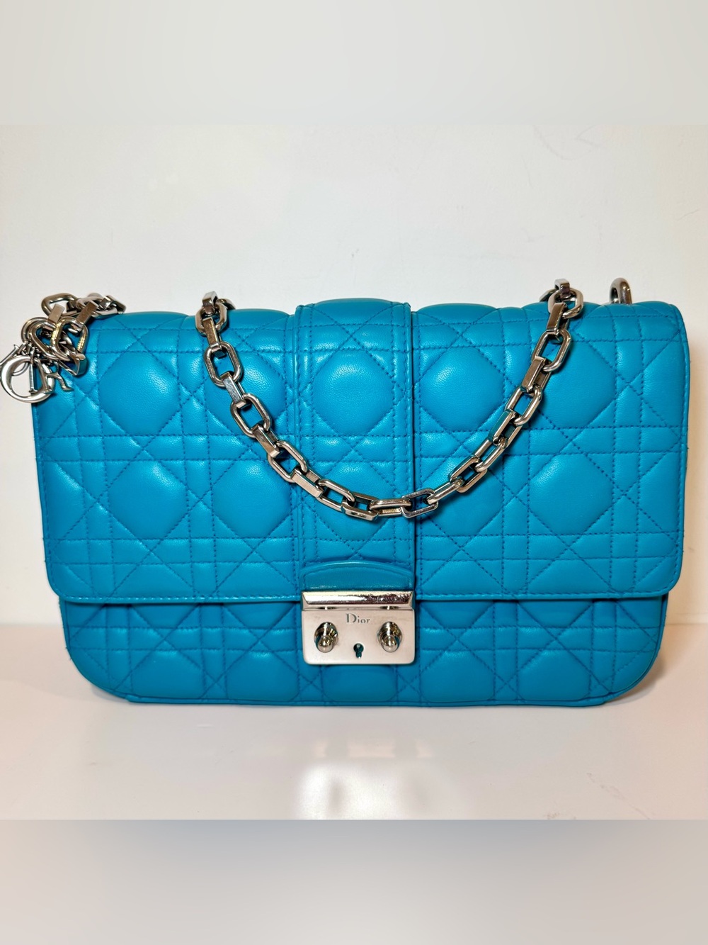 Christian Dior Miss Dior Medium Flap Cannage In Blue Leather W Silver Chain